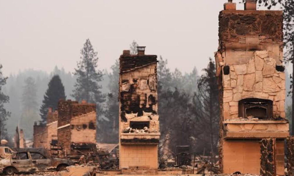 Charred chimneys and burned-out cars in a wildfire-damaged neighborhood, smoke lingering in the air.