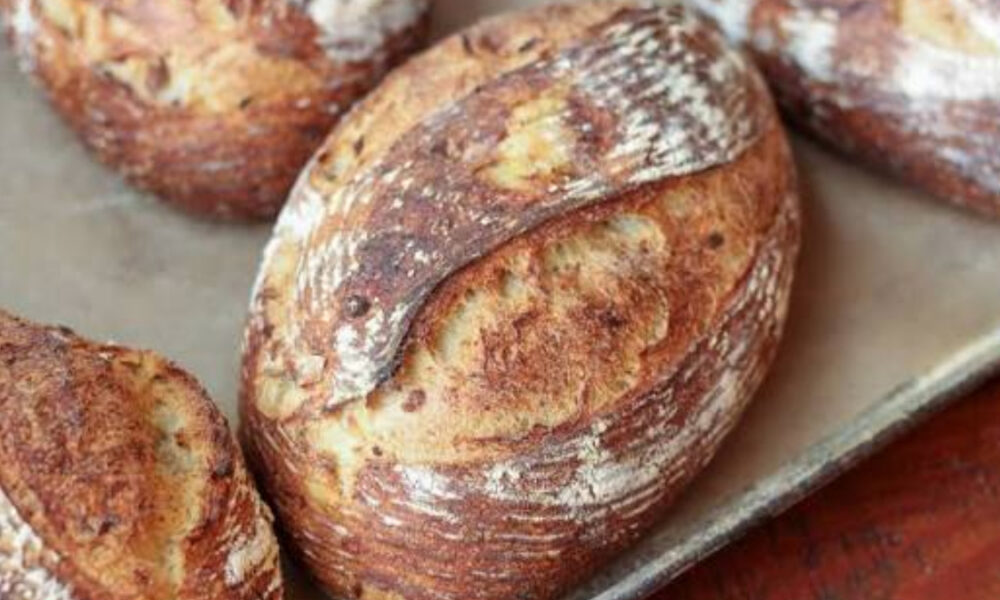 Rustic crusty bread boules cooling on a baking sheet with a flour-dusted crust.