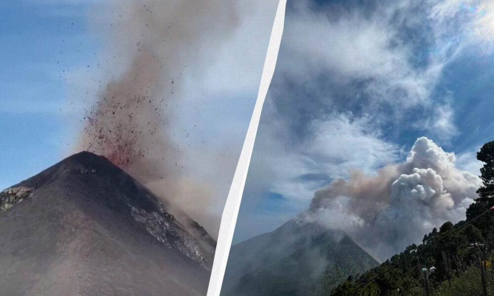 Split image: an active volcano erupting with an ash plume on the left; a large smoke plume rising from the volcano on the right side.