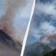 Split image: an active volcano erupting with an ash plume on the left; a large smoke plume rising from the volcano on the right side.