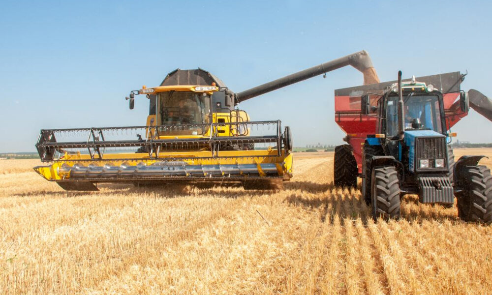 Yellow combine harvester and blue tractor with red grain cart in a golden wheat field under a clear blue sky, performing grain transfer.