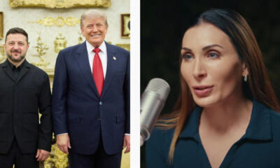 Split image: left shows two men in suits posing indoors; right shows a woman speaking into a microphone outdoors.
