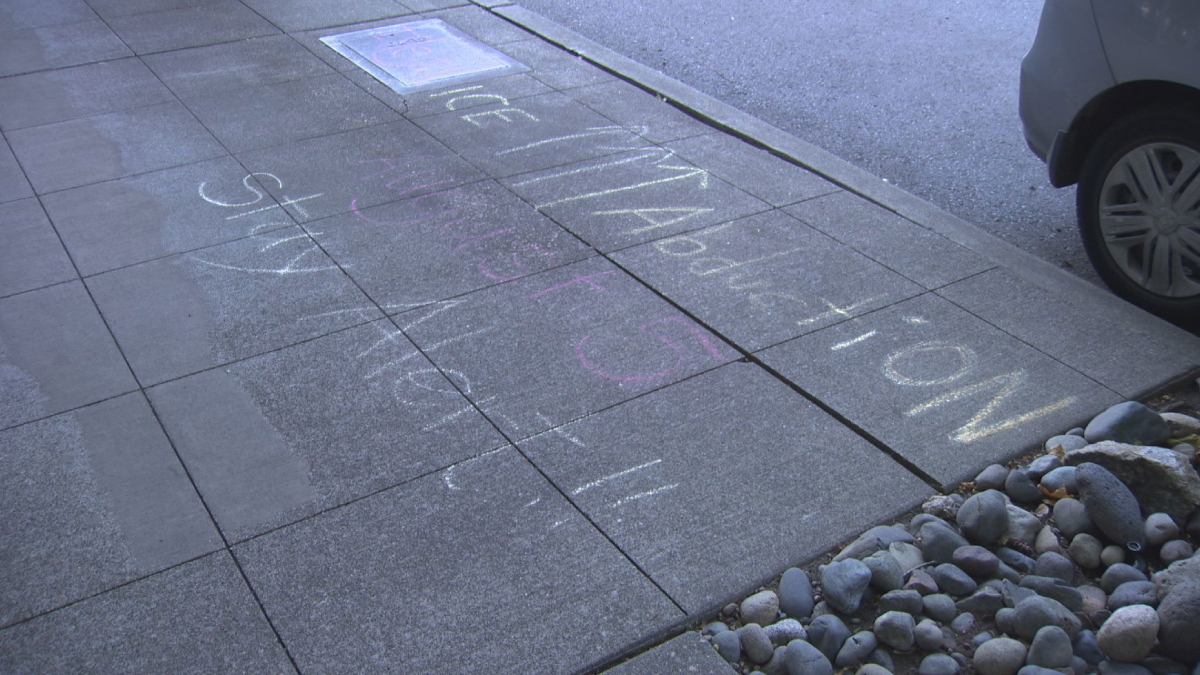 Sidewalk chalk messages in white and purple along a curb, with a parked car wheel visible.