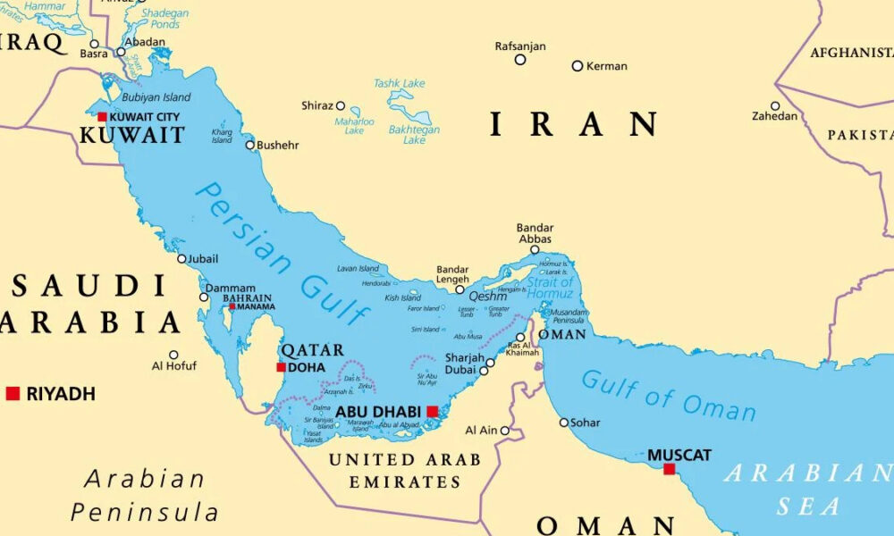 Middle East map highlighting Iran and Gulf states with capitals: Kuwait City, Doha, Abu Dhabi, Muscat, Riyadh.