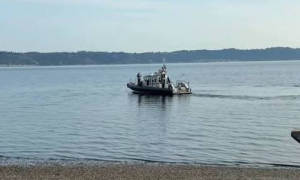 Small tugboat towing a small boat across a calm bay, with a tree-lined shoreline in the distance and a pebbly beach in the foreground.