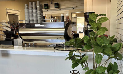 Shiny stainless espresso machine on a cafe counter with a stack of disposable cups and syrups behind it, and a leafy potted plant in the foreground.