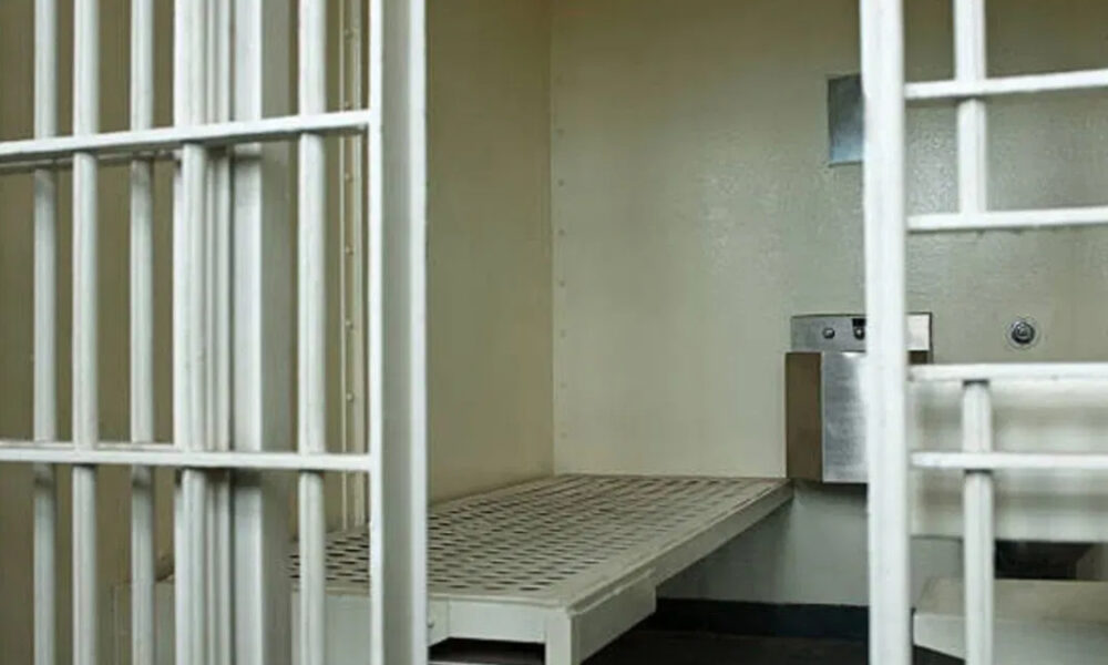 Prison cell interior with white metal bars and a perforated metal bed frame inside a small cell