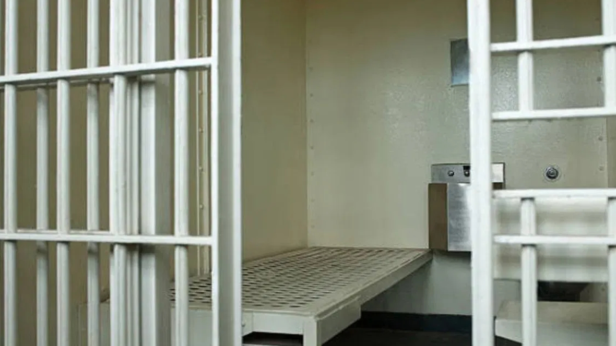 Prison cell interior with white metal bars and a perforated metal bed frame inside a small cell