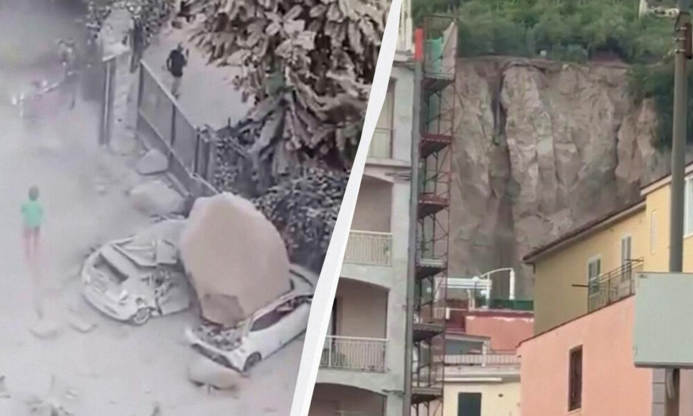Split image: left side shows a dusty street with debris and a person in a green shirt; right side shows a rocky hillside above a row of colorful houses.