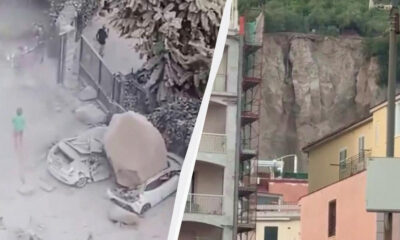 Split image: left side shows a dusty street with debris and a person in a green shirt; right side shows a rocky hillside above a row of colorful houses.