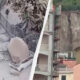 Split image: left side shows a dusty street with debris and a person in a green shirt; right side shows a rocky hillside above a row of colorful houses.