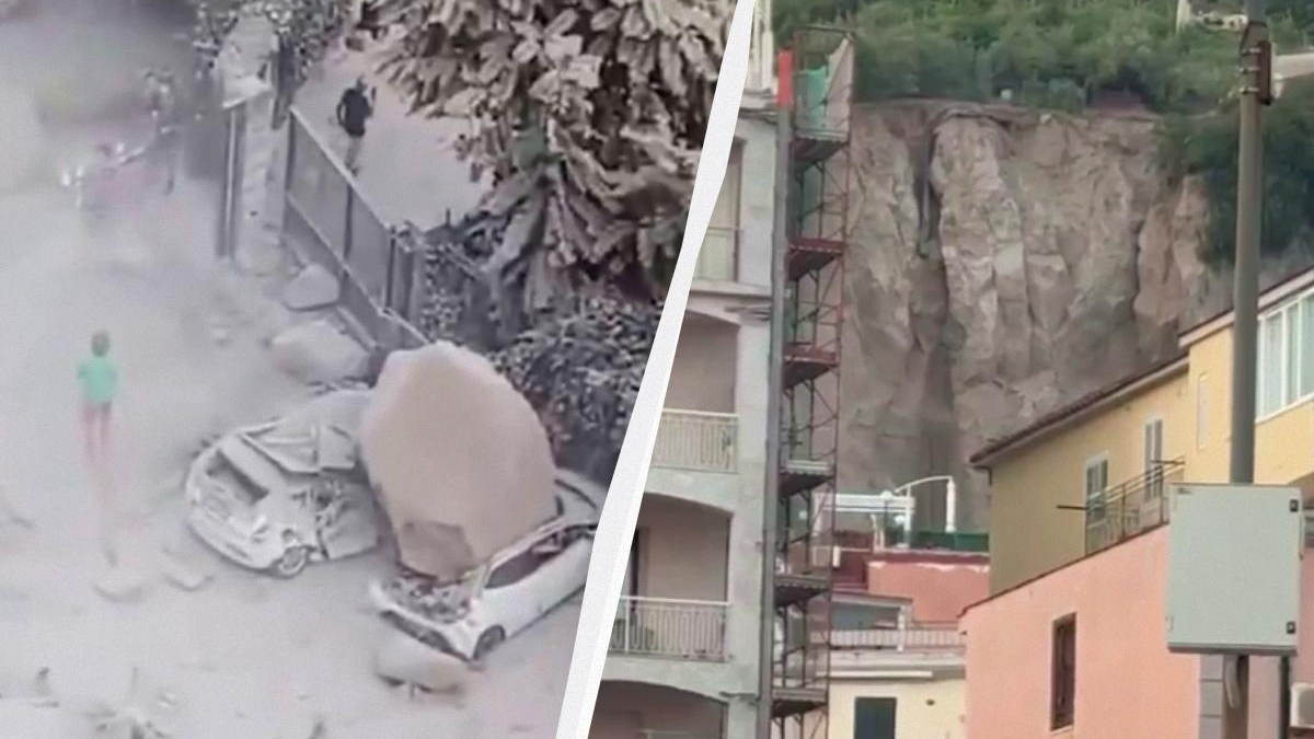 Split image: left side shows a dusty street with debris and a person in a green shirt; right side shows a rocky hillside above a row of colorful houses.