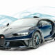 Front three-quarter view of a dark blue Bugatti sports car with butterfly doors open against a white studio backdrop.