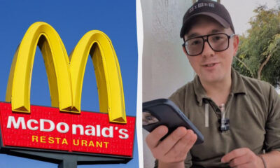 Split image: McDonald’s golden arches sign on the left against a blue sky; right shows a man with glasses and a cap looking at a smartphone outdoors.