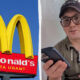 Split image: McDonald’s golden arches sign on the left against a blue sky; right shows a man with glasses and a cap looking at a smartphone outdoors.