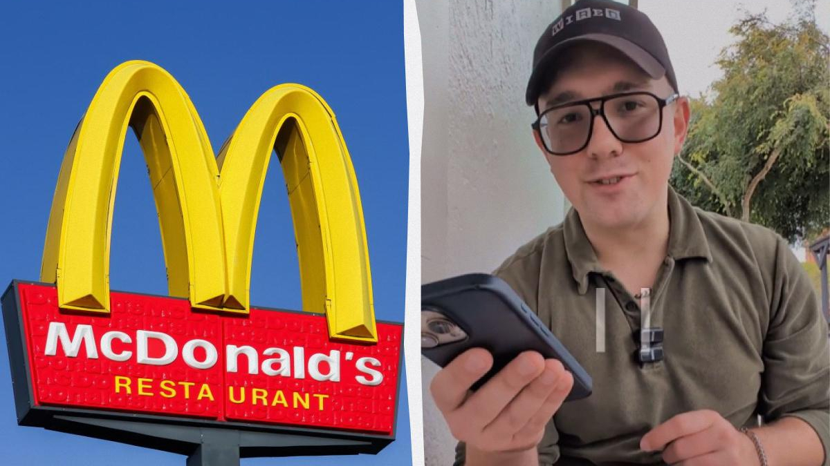 Split image: McDonald’s golden arches sign on the left against a blue sky; right shows a man with glasses and a cap looking at a smartphone outdoors.