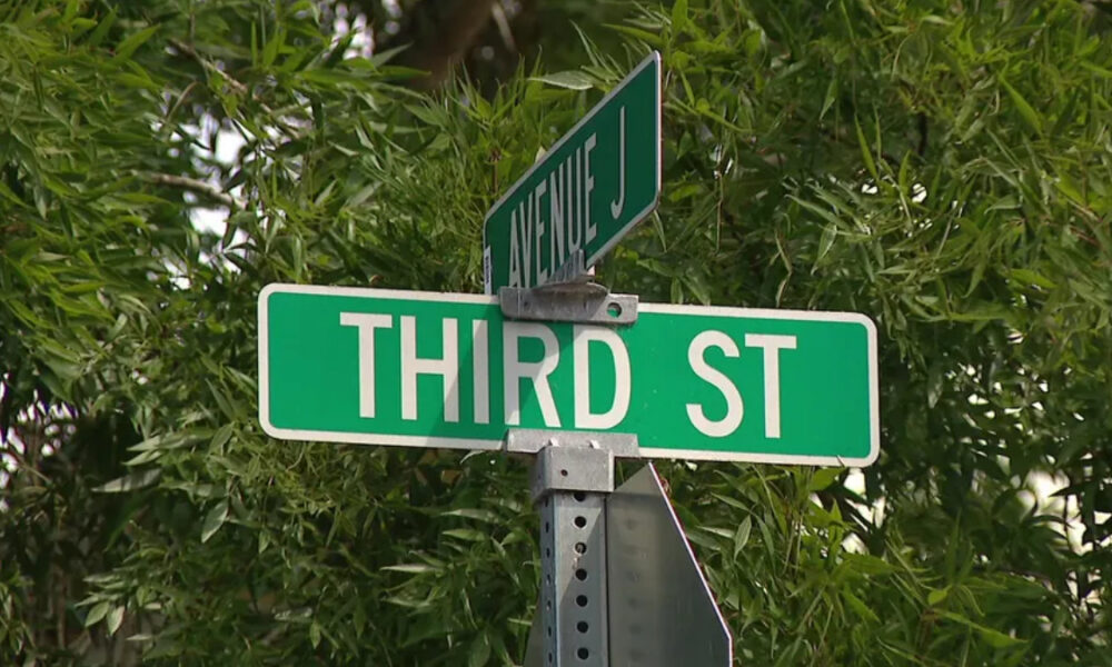 Green street sign reading 'THIRD ST' with a smaller 'AVENUE J' sign above, against leafy background.
