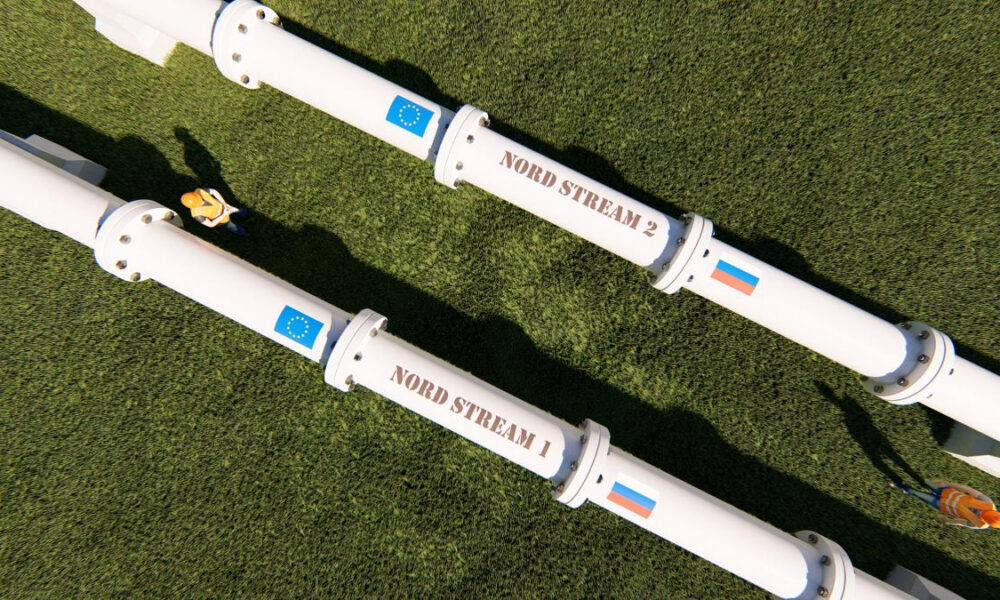 Overhead view of white Nord Stream 1 and Nord Stream 2 gas pipelines lying on green grass, labeled on each segment.
