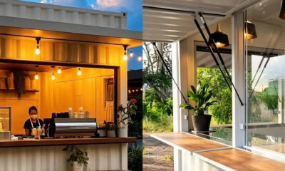 Two views of a modern shipping-container cafe: left a barista at a warm-lit counter; right an outdoor service window with a plant.