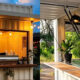 Two views of a modern shipping-container cafe: left a barista at a warm-lit counter; right an outdoor service window with a plant.