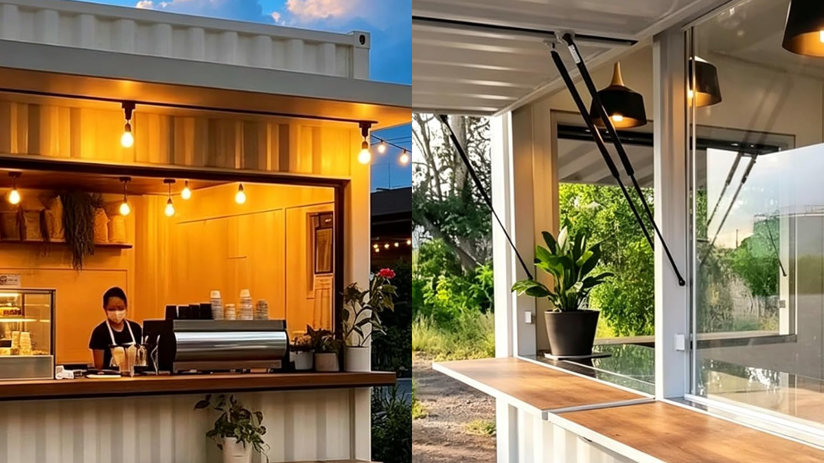 Two views of a modern shipping-container cafe: left a barista at a warm-lit counter; right an outdoor service window with a plant.