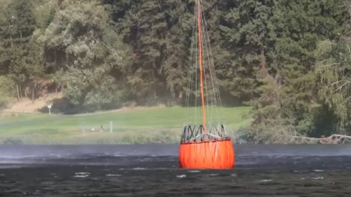 Large orange circular buoy floating on calm water with ropes extending upward, forested shore in background.