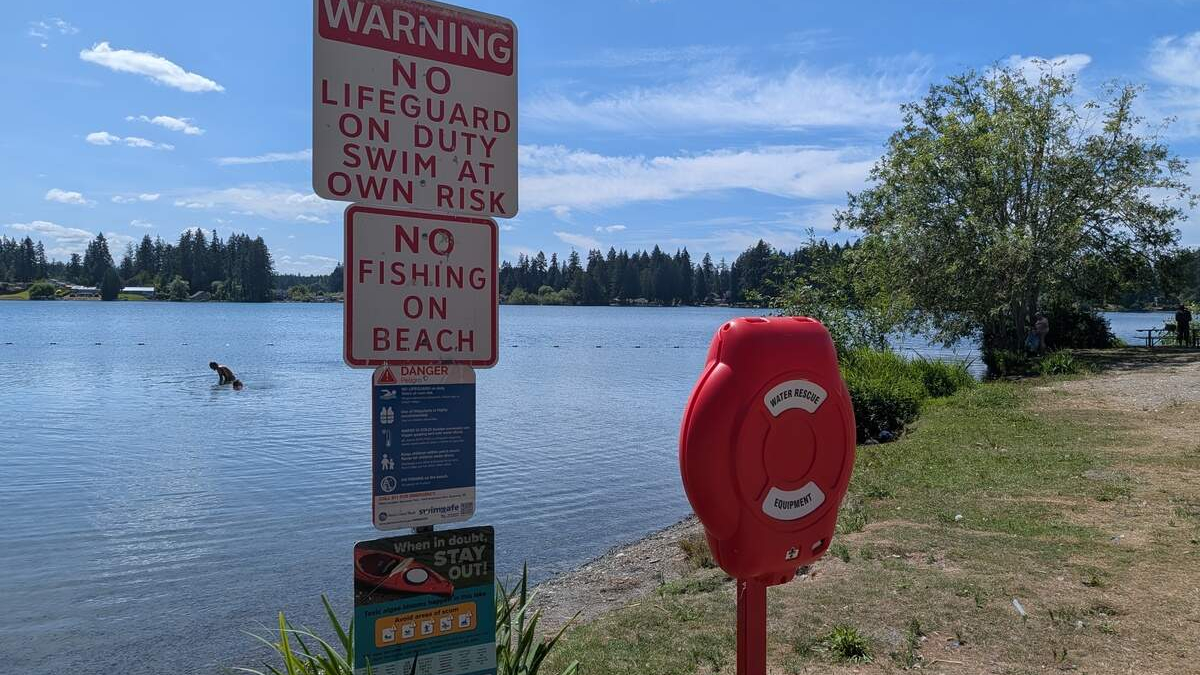 Lakeside scene with large warning signs about no lifeguard, swim at your own risk, and no fishing on the beach; a red life-rescue cabinet nearby.