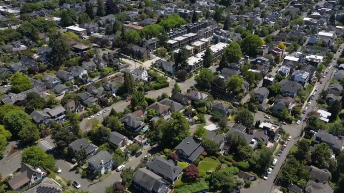 Aerial view of a suburban neighborhood with tree-lined streets and rows of houses in a leafy area of town.