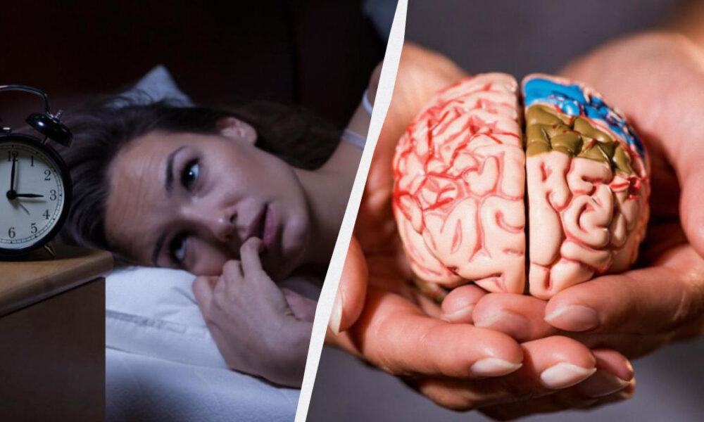 Split image: left side shows a woman awake in bed beside an alarm clock, right side shows hands holding a detailed model of a brain, illustrating sleep and brain research/health.