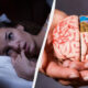 Split image: left side shows a woman awake in bed beside an alarm clock, right side shows hands holding a detailed model of a brain, illustrating sleep and brain research/health.