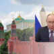 Vladimir Putin in a suit shown in a rounded inset over a view of the Moscow Kremlin and cityscape behind him.