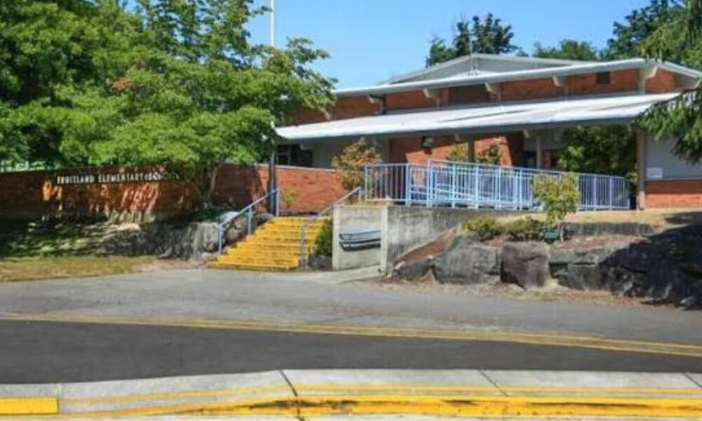 Brick school building with a raised entry, yellow steps, blue railing, and surrounding trees next to a street.