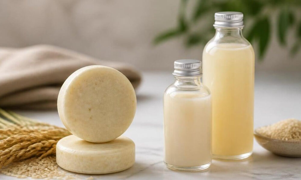 Round cheese wheels stacked on a marble surface with two glass bottles of milk and grains nearby in a kitchen setting.