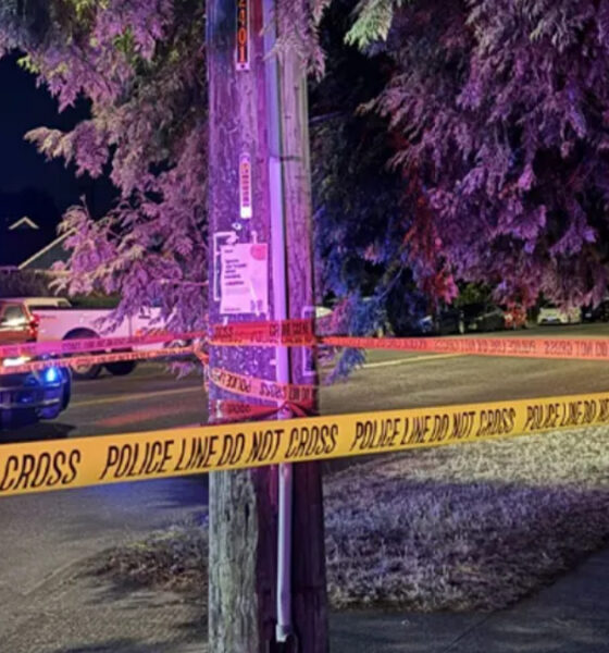 Nighttime police scene with yellow 'POLICE LINE DO NOT CROSS' tape and a patrol car with blue flashing lights.