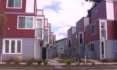 Row of colorful modern townhouses with red and blue siding along a sidewalk, with small trees and shrubs in front.
