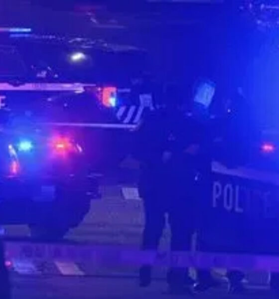 Police cars with flashing blue lights at night, police tape across a street, and officers on a dimly lit scene.