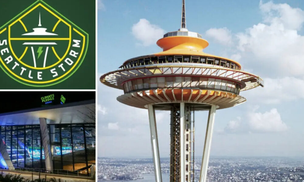 Collage showing Seattle Storm logo, Climate Pledge Arena exterior at night, and the Seattle Space Needle against a cloudy sky.