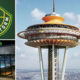 Collage showing Seattle Storm logo, Climate Pledge Arena exterior at night, and the Seattle Space Needle against a cloudy sky.