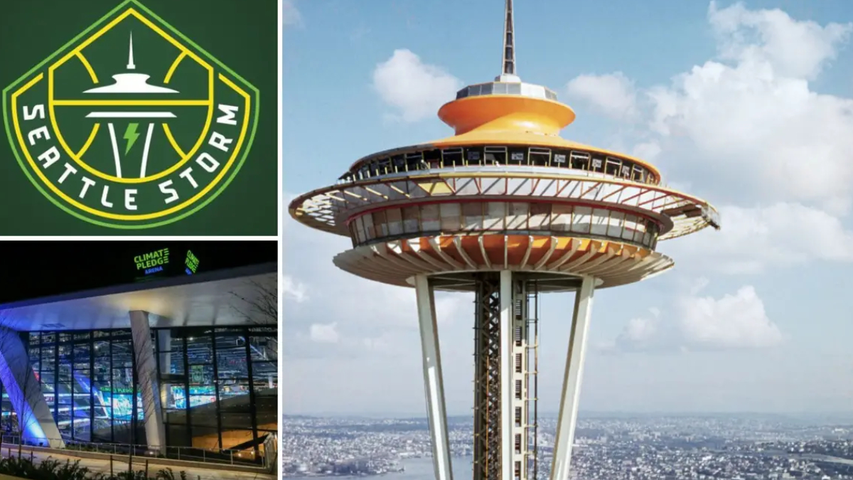 Collage showing Seattle Storm logo, Climate Pledge Arena exterior at night, and the Seattle Space Needle against a cloudy sky.