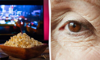 Left shows a bowl of popcorn in front of a glowing TV screen; right is a close-up brown eye with wrinkles.