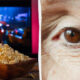 Left shows a bowl of popcorn in front of a glowing TV screen; right is a close-up brown eye with wrinkles.