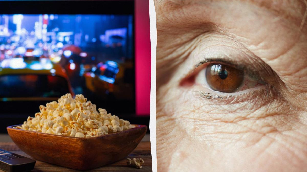 Left shows a bowl of popcorn in front of a glowing TV screen; right is a close-up brown eye with wrinkles.