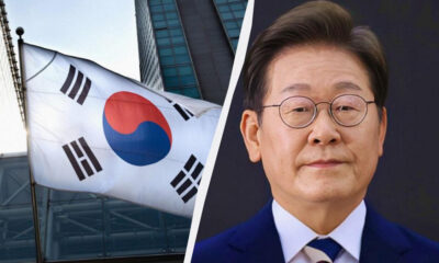 Split image: South Korean flag beside a glass office building on the left, and a man in a blue suit with round glasses on the right in a formal portrait style.
