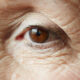Close-up of a brown eye with prominent wrinkles around the eyelid and skin texture evident.