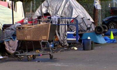 A cluttered roadside encampment with tents, a shopping cart, and scattered belongings beside a chain-link fence and a car.
