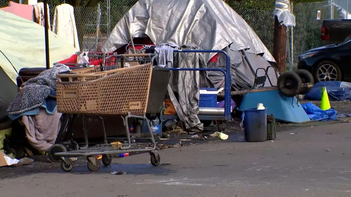 A cluttered roadside encampment with tents, a shopping cart, and scattered belongings beside a chain-link fence and a car.