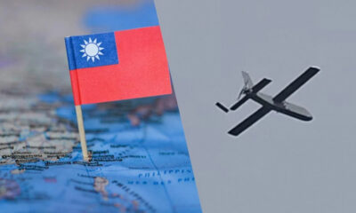 Taiwan flag planted on a world map beside a plane silhouette, symbolizing travel to Taiwan.