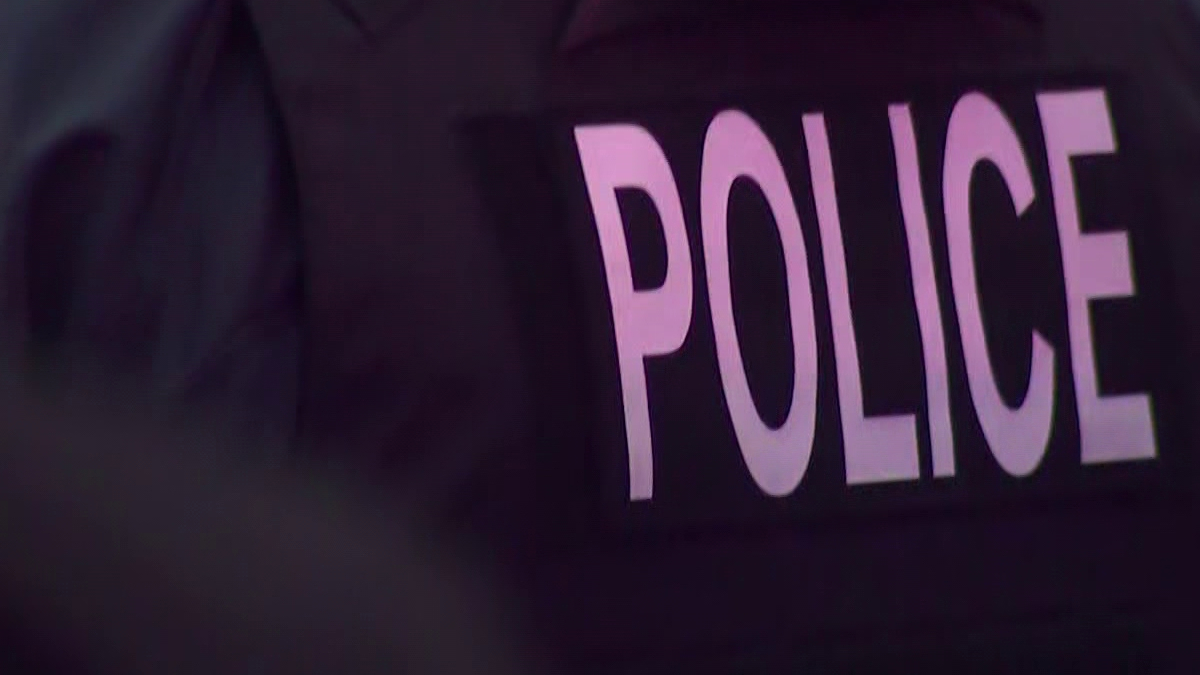 Close-up of a dark police vest with large pink letters spelling POLICE