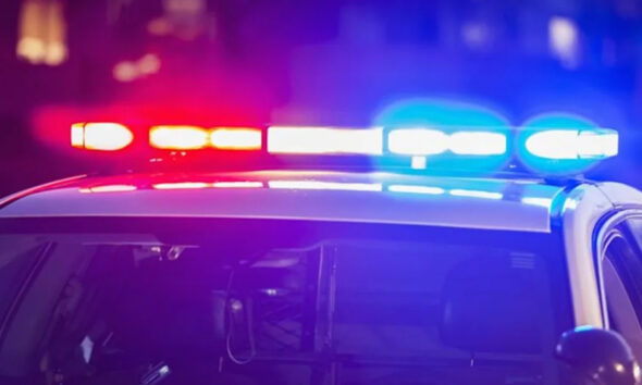 Police car with red and blue emergency lights flashing at night.