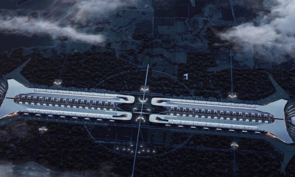 Futuristic space station with twin parallel modules connected in the center, hovering above a dark, forested planet surface at dusk.